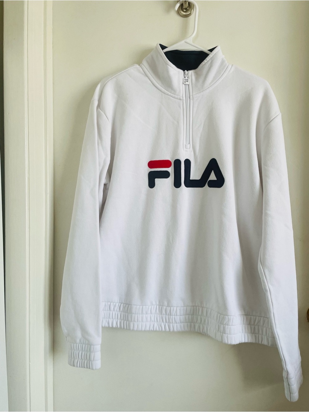 Fila White Half-Zip Cowl Sweatshirt with Navy and Red Logo